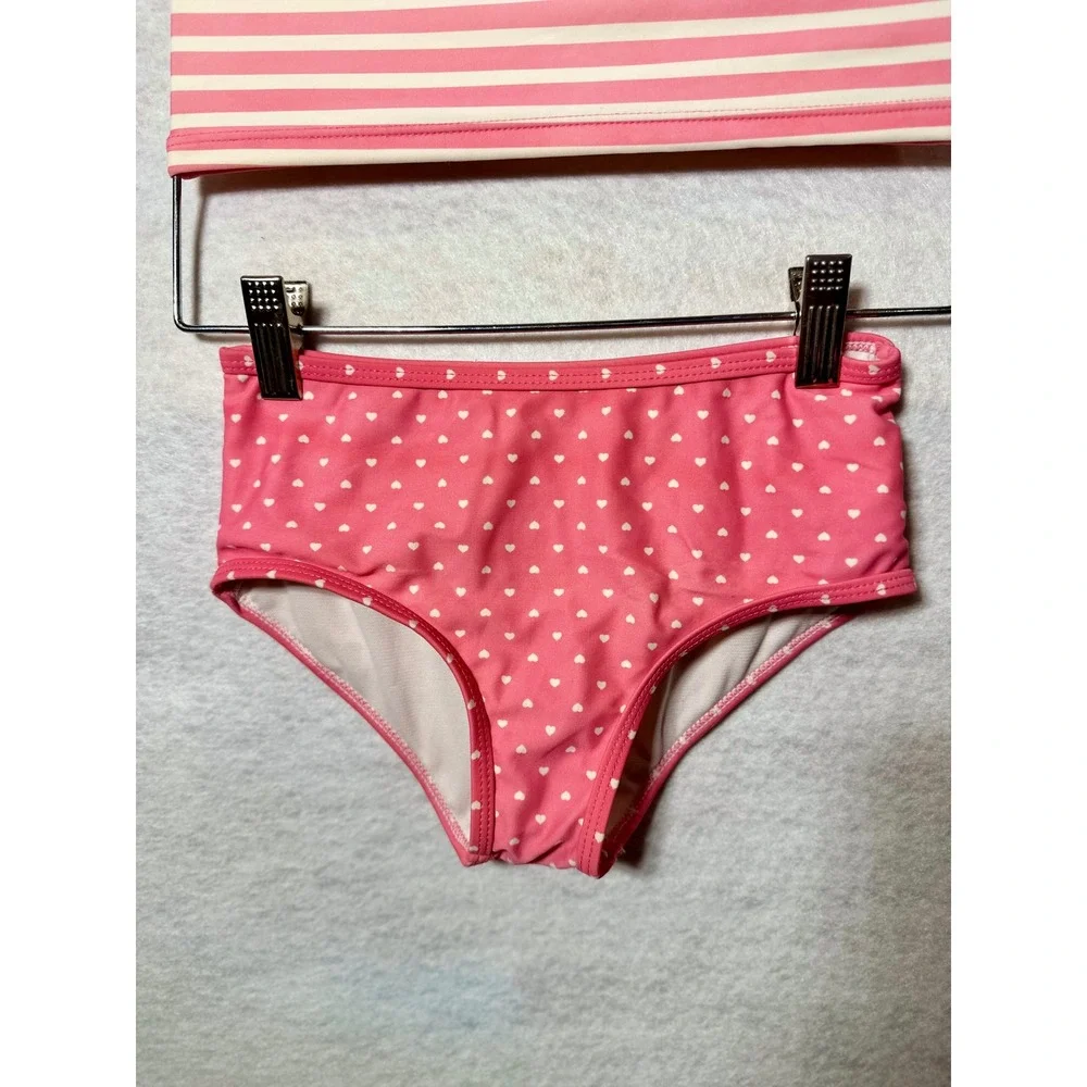 RuffleButts Girls Pink Striped One Shoulder Ruffle Bikini Heart Swimsuit Size 7